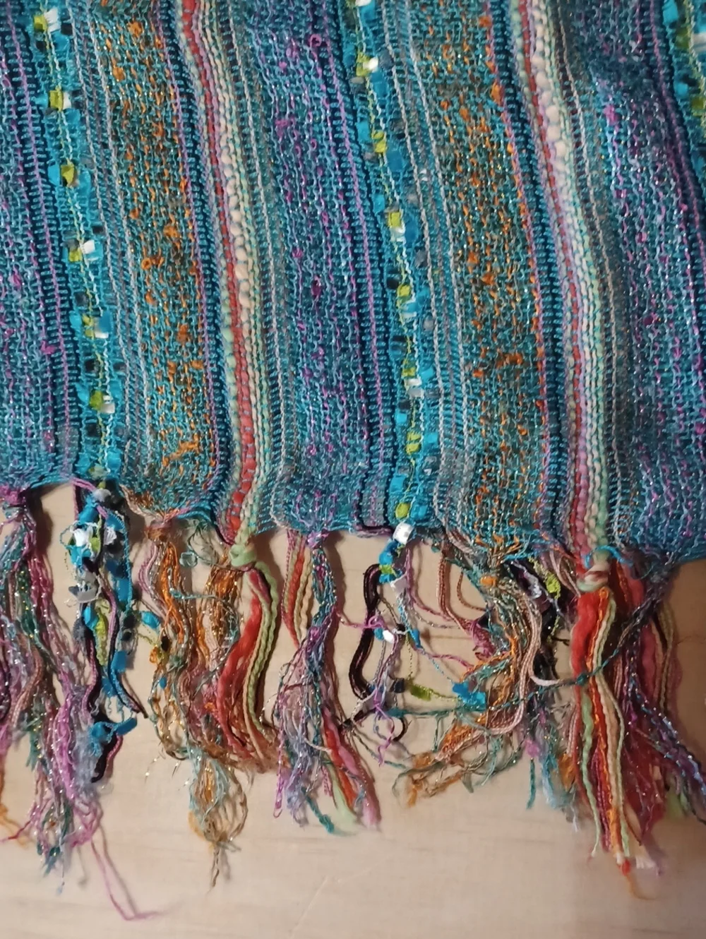 Boho Striped Fringe Scarf Shawl Wrap 72×20 Textured Open Knit Blue Pink Sparkle